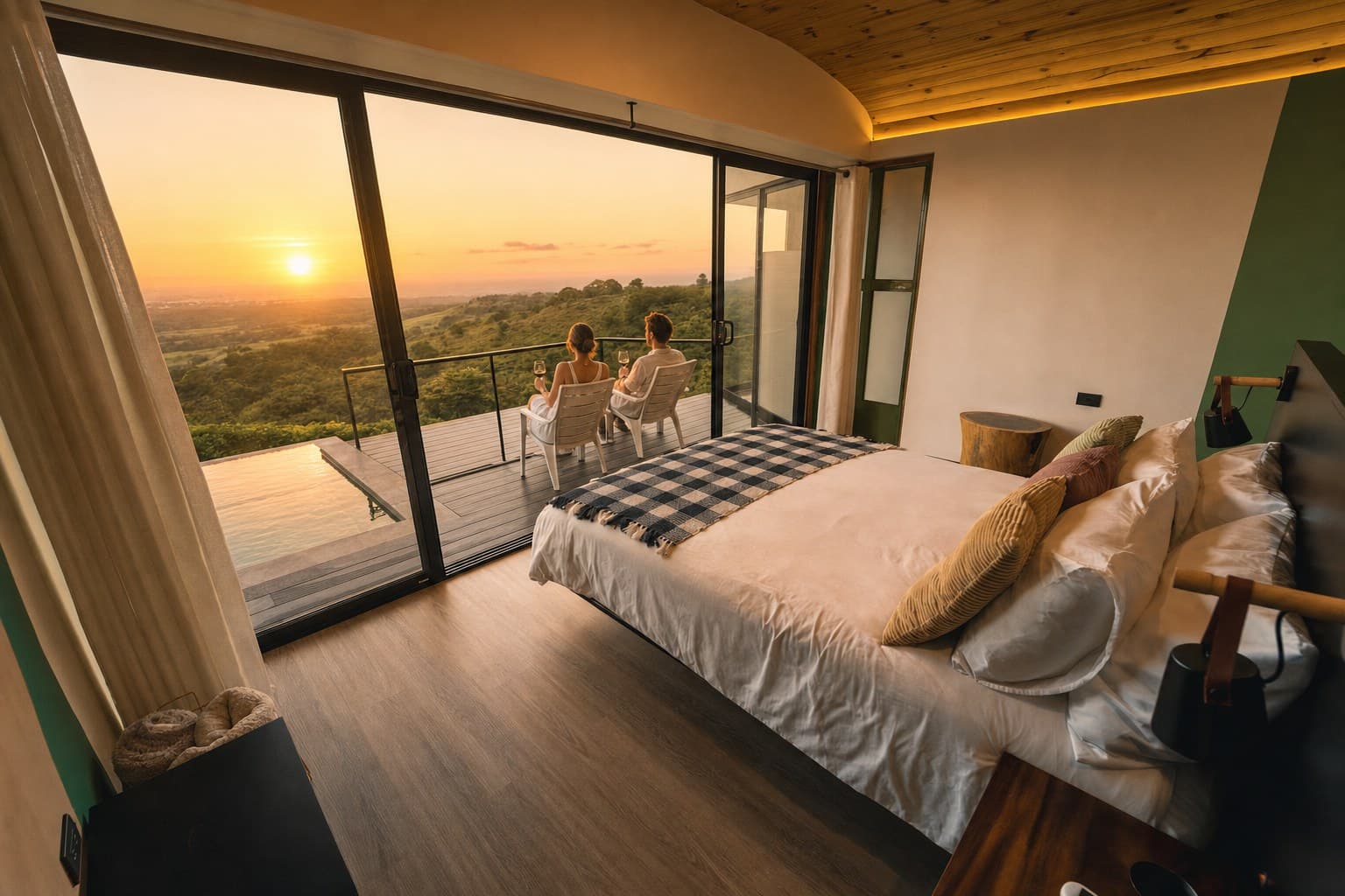 Couple with wine on the deck at sunset, seen from the bedroom