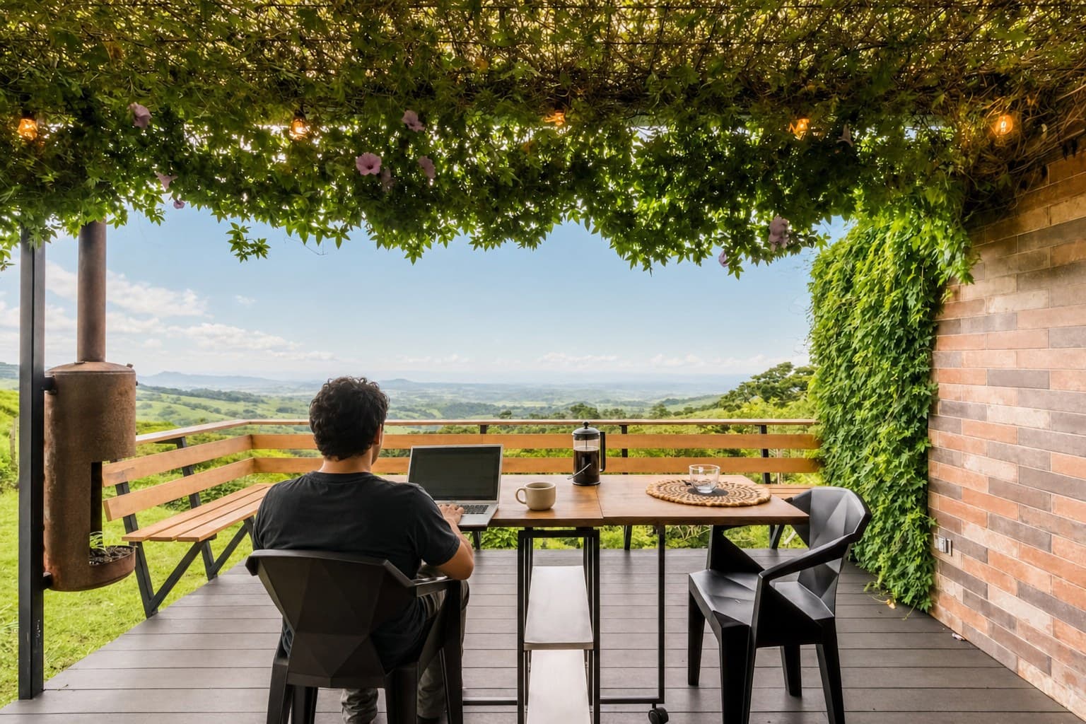 Guest working on a laptop at the deck table under the pergola