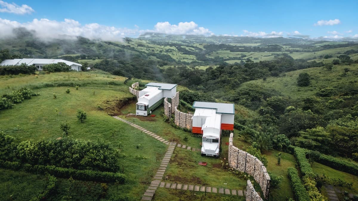 Aerial view of the buses on the hillside