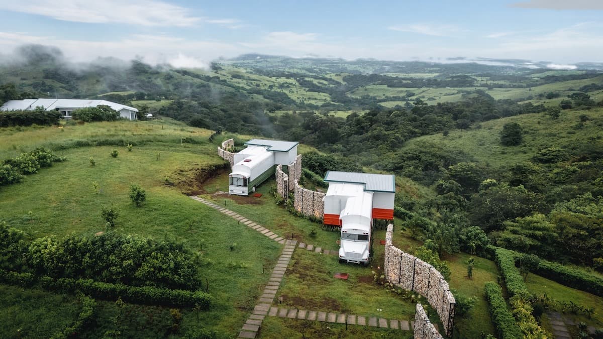 Aerial view of the buses on the hillside